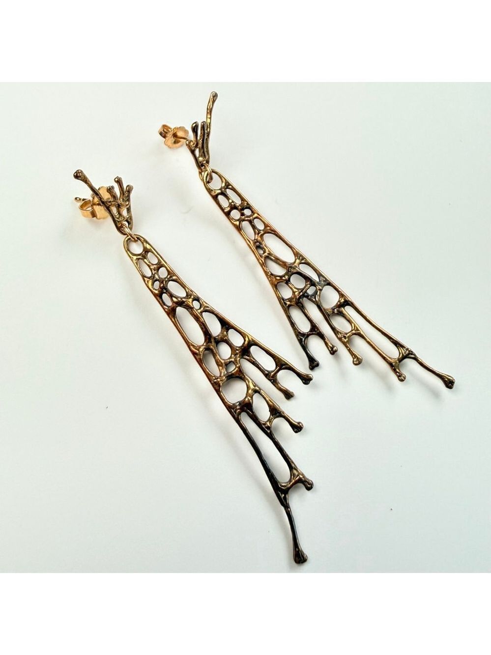 Estate 14K Solid Gold Brutalist Abstract Sculptural Web Drip 2.6" MCM Earrings - Picture 2 of 11
